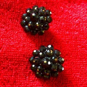 Vintage Black Bead Cluster Clip On Earrings